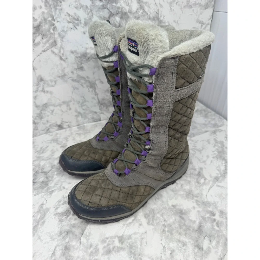 Patagonia Nickel Waterproof Winter Boots Womens 9 Quilted Leather Faux Fur Grey